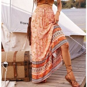 Boho Paisley Print Stretchy Waist Maxi Skirt
